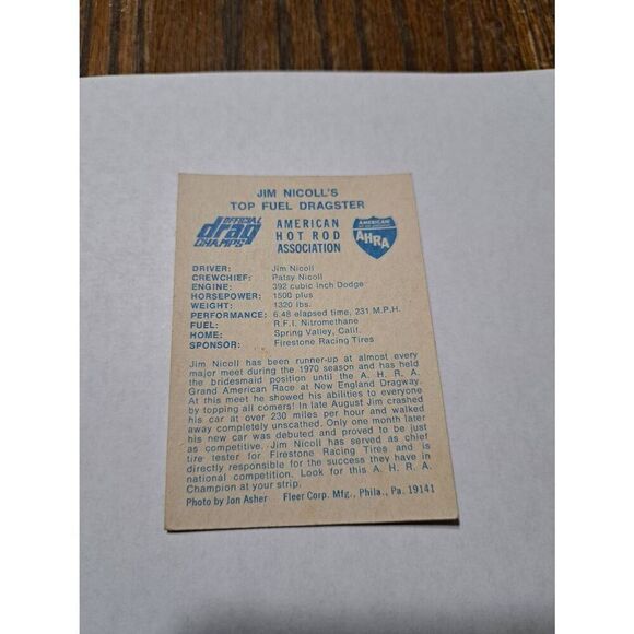 1971 Hubert Platts Georgia Shaker Mustang AHRA Fleer Drag Champ Car Trading Card - Picture 2 of 2